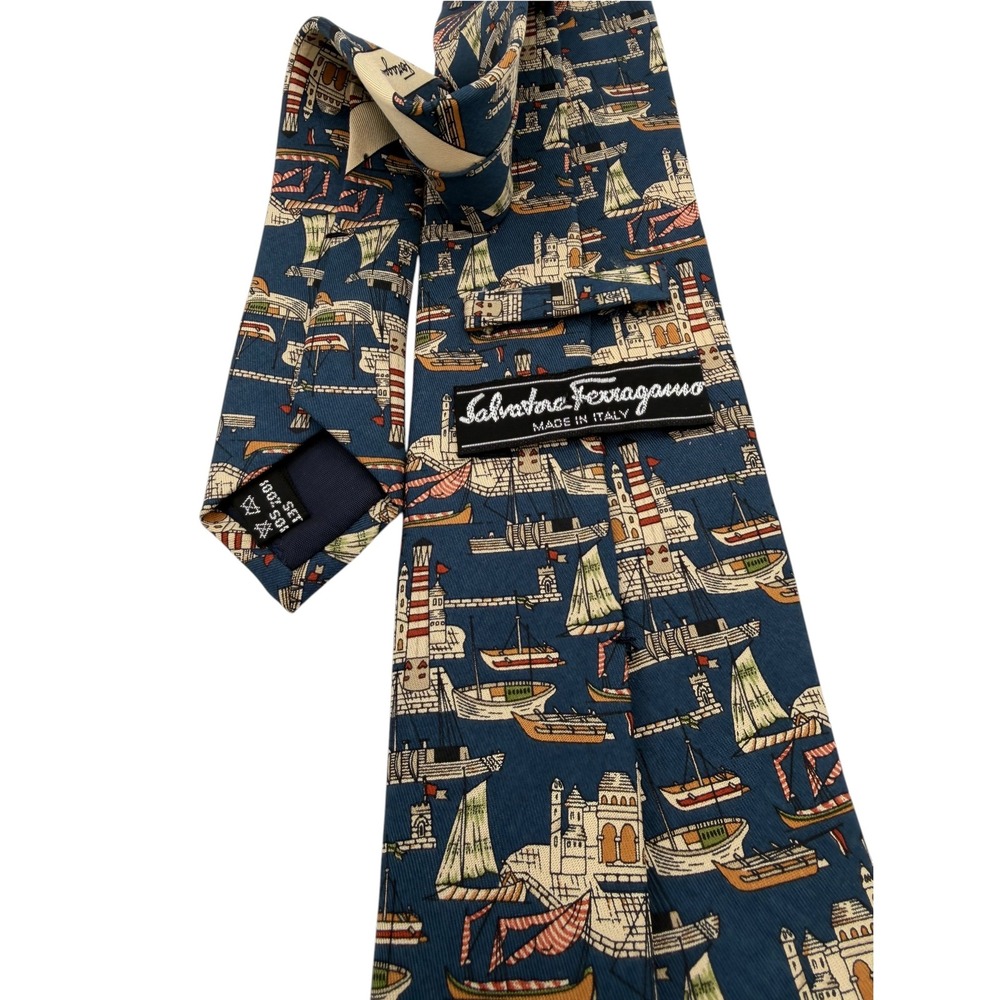 Salvatore Ferragamo Mens Silk Tie Navy Blue Nautical Sailboat Lighthouse (TC15)